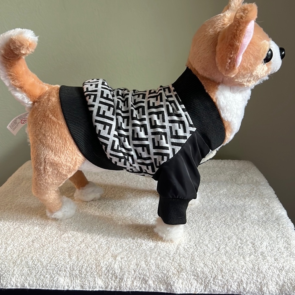 Designer Inspired Little Dog Jacket With Black & White Logo With Snaps Size S